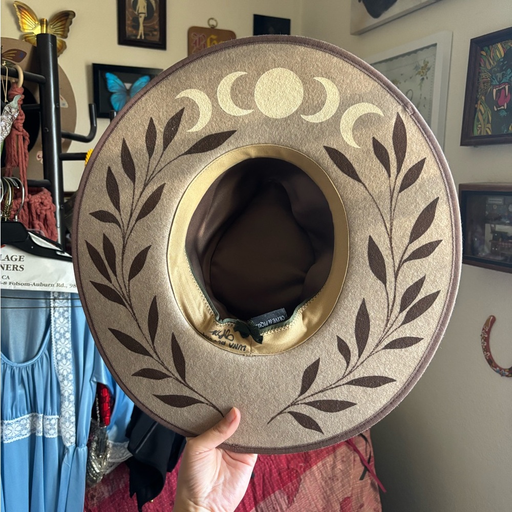 Luna Bloom custom Brown and Tan Hat with Moon and Leaf Design